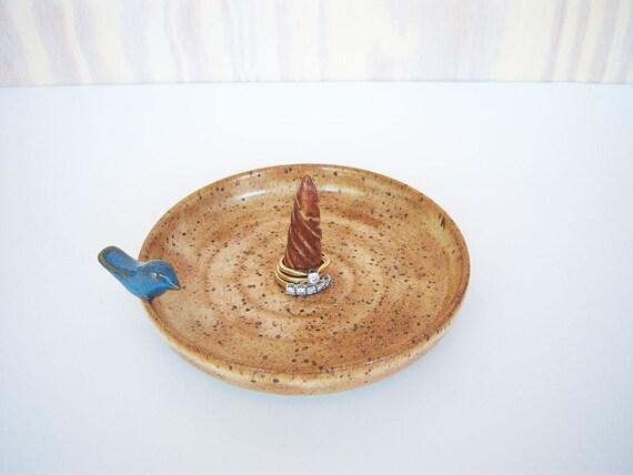 Ring Dish Stoneware Ceramic in Speckled Tan Glaze with Blue Bird Decoration
