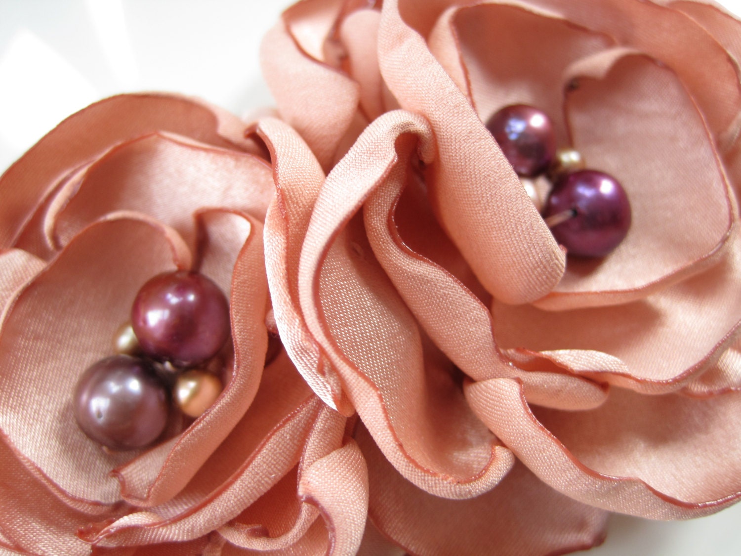 DOUBLE BLOOM fabric flower brooch  corsage pin in peach soft satin with freshwater pearls