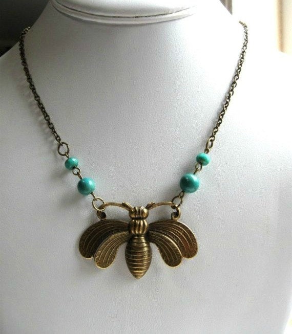 Large Honey Bee Necklace with turquoise beads - brass chain