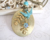Long vintage locket necklace -  verdigris bird charm, Botanical Bird original design