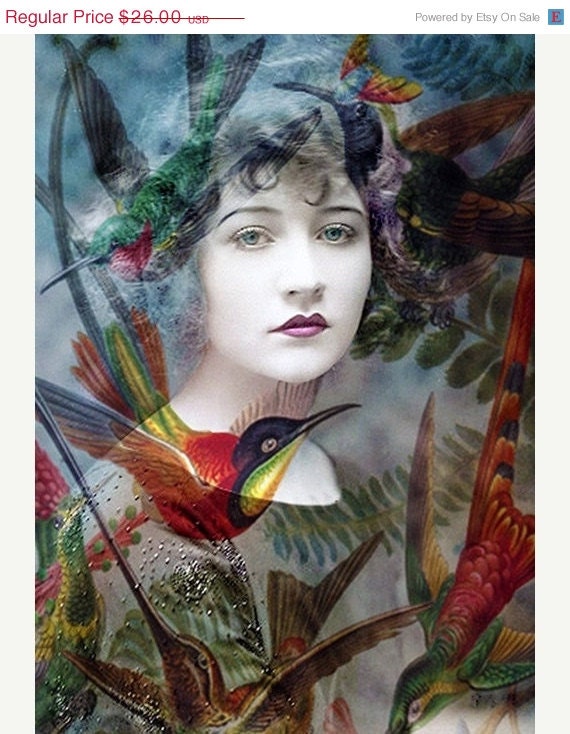 Valentine Sale, Fine Art Print, Giclee Archival Print, Woman Portrait, Portrait, Photomontage, Collage, Humming Birds