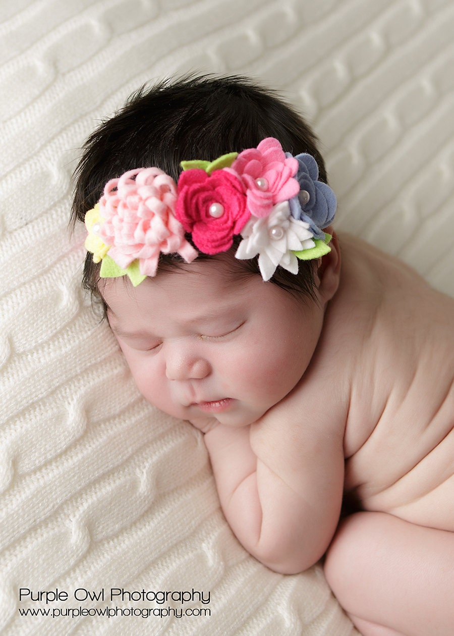 Spring Felt Flower Garland Headband . Baby Headband . With Flowers in Pinks, Blue, White and Yellow  Photo Prop