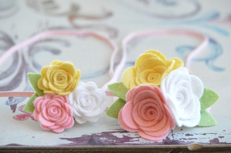Spring Felt Flower Headbands Sister Set Rose Trio in Soft Pink, White and Yellow
