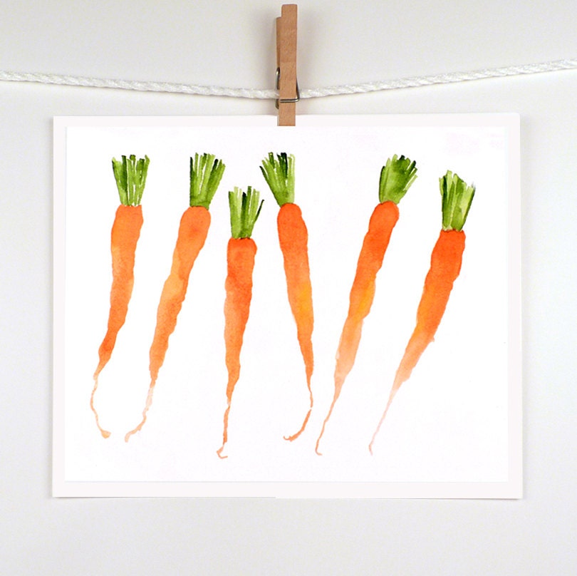Carrot Painting Watercolor Print - Vegetable Painting, Food Art - Women kids - Kitchen Decor Home Decor Wall Art Orange White 7.6  x 9.6