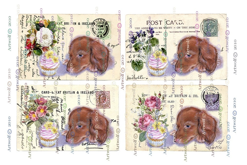 BIRTHDAY DIGITAL Dachshunds  Download Dogs Puppies Printable Vintage Postcard Papercrafts Scrapbooking Cardmaking