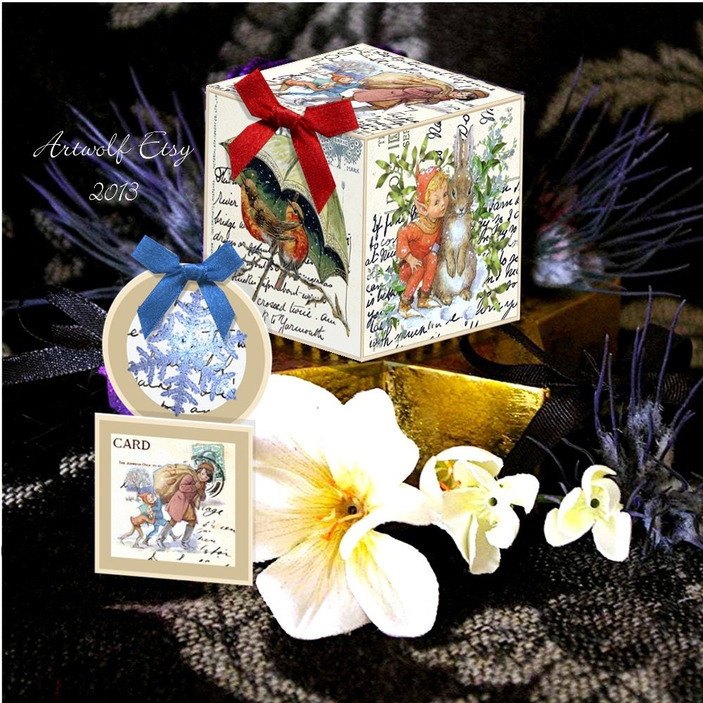 Buy e greeting card templates gifts - CHRISTMAS Digital BOX Elf Fairy Children Tags Robins Rabbits Template Vintage Printable Party gift Christmas Trees Holly Mistletoe Snow