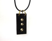 Black Enamel Necklace With Brass Rounded Screws Hardware on Leather Cord