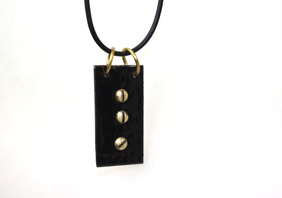 Black Enamel Necklace With Brass Rounded Screws Hardware on Leather Cord
