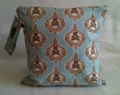 Wet Bag-Large Waterproof Wet Bag- 12.5 x 12.5- Snap Handle and Zipper- Teddy Bear Damask Blue