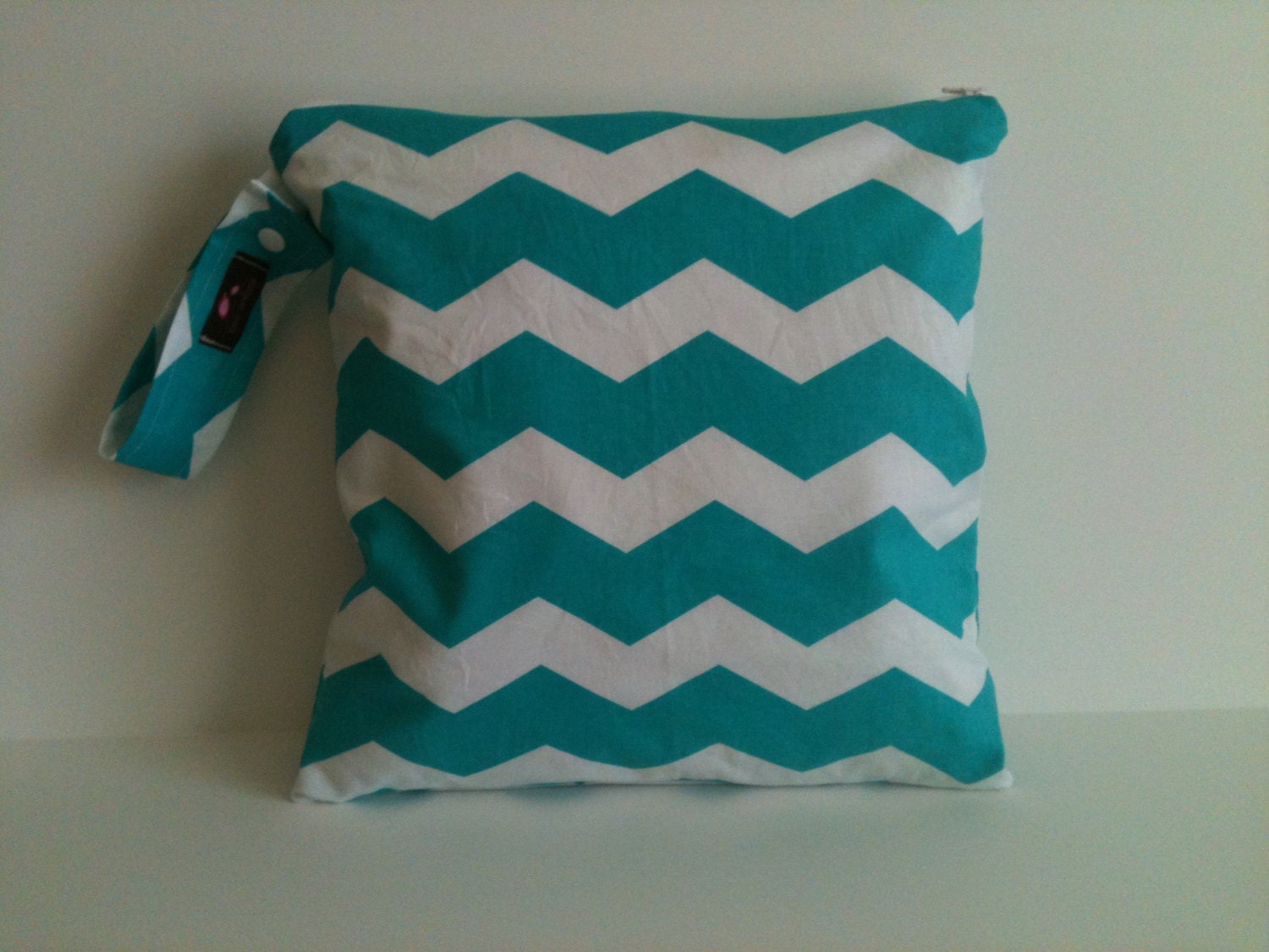 Wet Bag-Large Waterproof Wet Bag- 12.5 x 12.5- Snap Handle and Zipper- Aqua Chevron