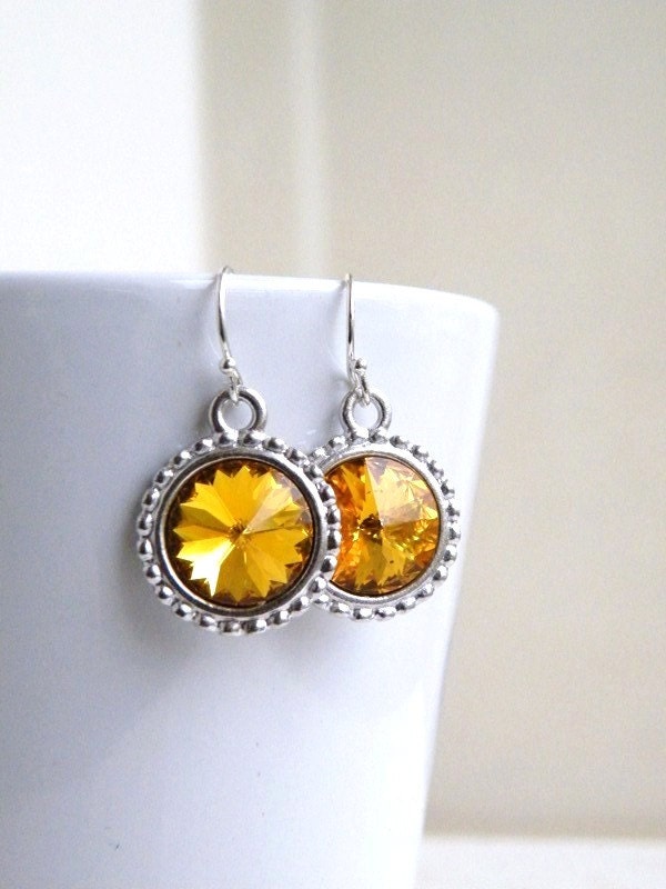Bridal Earrings Swarovski Yellow Topaz Rivoli Sterling Silver Bridesmaids Jewelry Wedding Jewelry