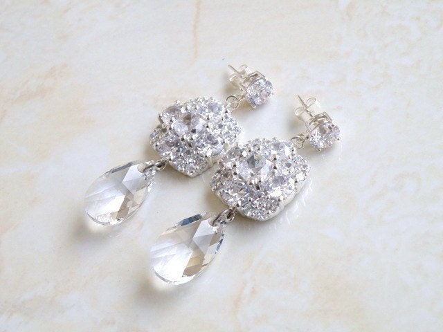Bridal Earrings Ivanka Trump Swarovski Crystal Teardrop CZ Chandelier Earrings Stud Wedding Jewelry
