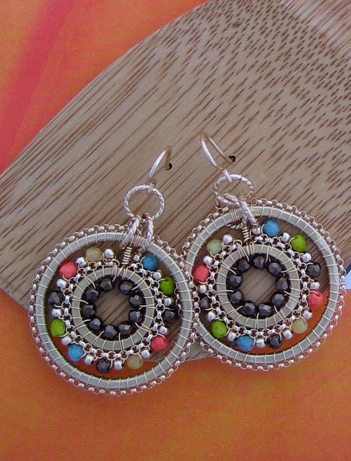 Hoop Dangle Drop Earrings Beaded In Gold, Turquoise, Green, Yellow and Brown, Graduation Gift, Wedding