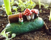 Tiny GNOME with with forest log and mushrooms  - Miniature garden gnome at home in the woods for your terrarium, plant, planter, desk