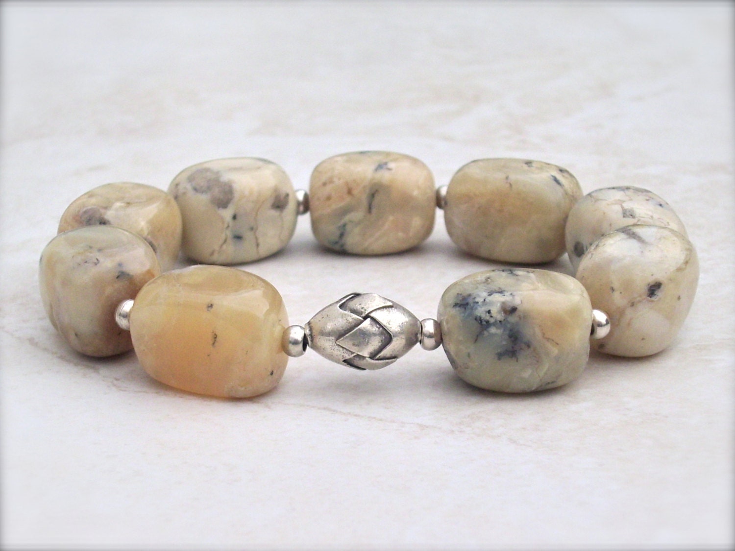 African opal bracelet with silver, October birthstone, creamy light brown, unique natural rustic artisan jewelry, stretch stack style