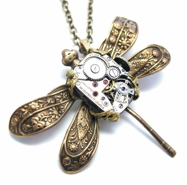 Steampunk necklace, steampunk dragonfly with mechanical body, steampunk insect, steampunk jewelry