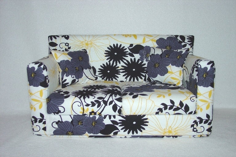 18 Inch Doll Sofa - Floral - Black - Yellow Handmade Doll Furniture