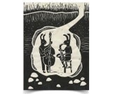 Home Sweet Home - ORIGINAL 8 of 20 - Hand-carved hand-pulled matted linocut print - Rabbits Play Music