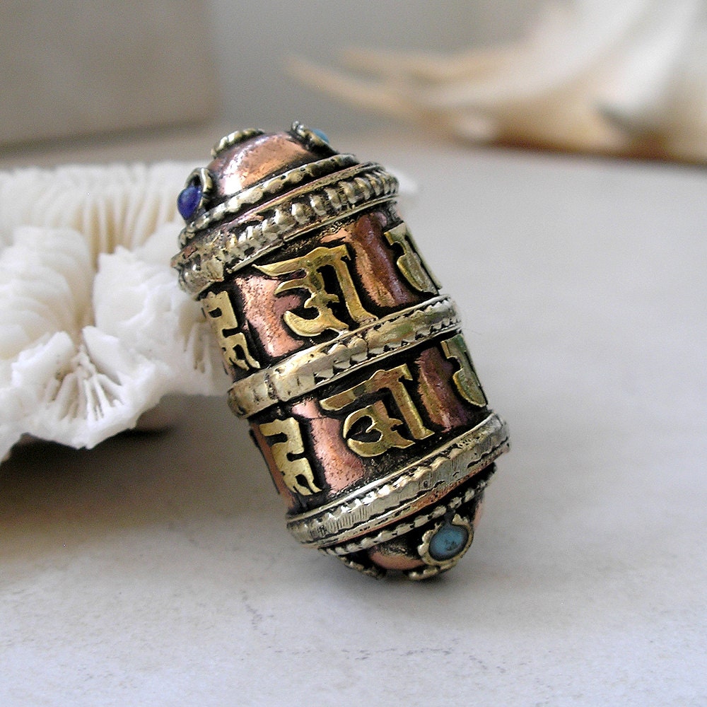 Tibetan Prayer Wheel Bead- Mixed Metals Tibetan Prayer Bead- Om Mani Padma Hum Bead