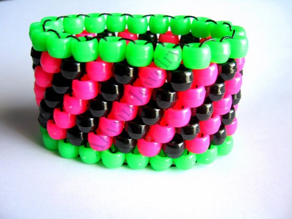 Kandi Cuff Bracelet, Diagonal Neon Green, Hot Pink and Black
