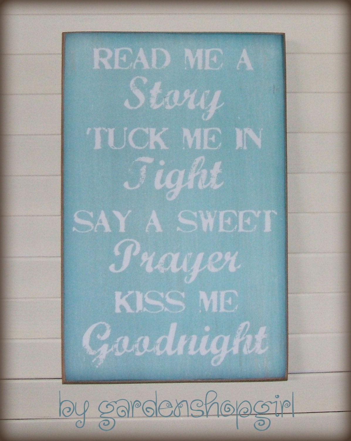Bedtime Routine Wood Sign Children Baby Nursery Aqua Distressed Shabby Chic Country Inspirational Read Me a Story Tuck Me In Tight Prayer