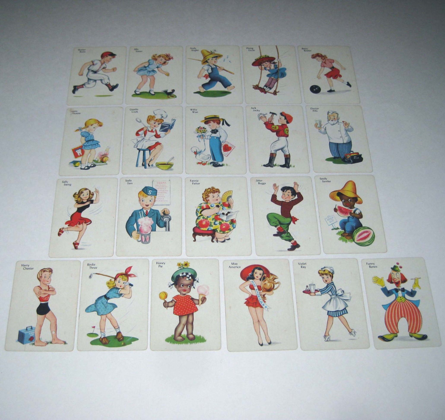Vintage Old Maid Children's Playing Cards with Cute Characters Including Black Americana Lot of 21