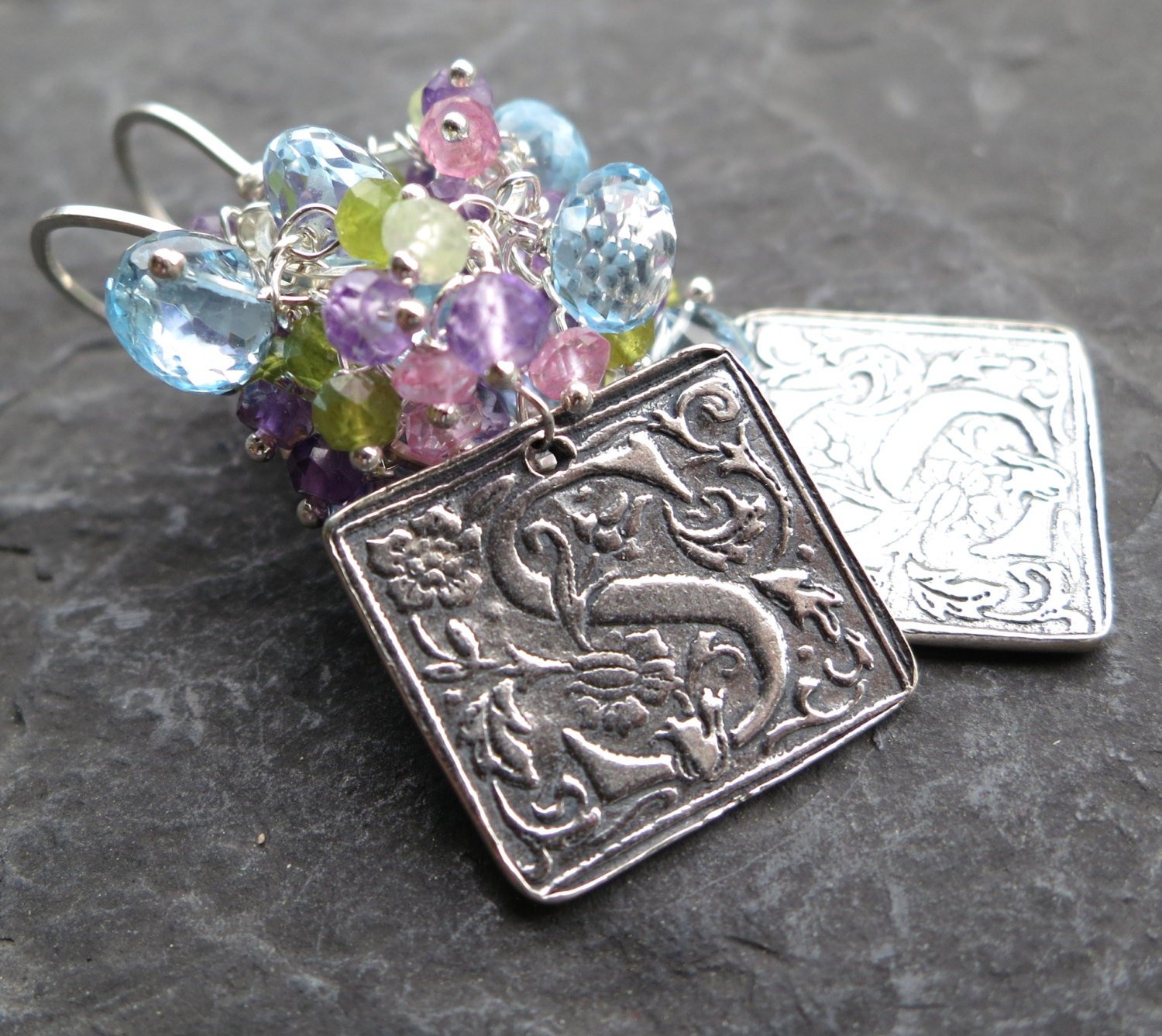 Sterling silver wax seal earrings monogram initial S personalized gemstone jewelry cluster dangle letter id blue topaz amethyst -FairyTale-