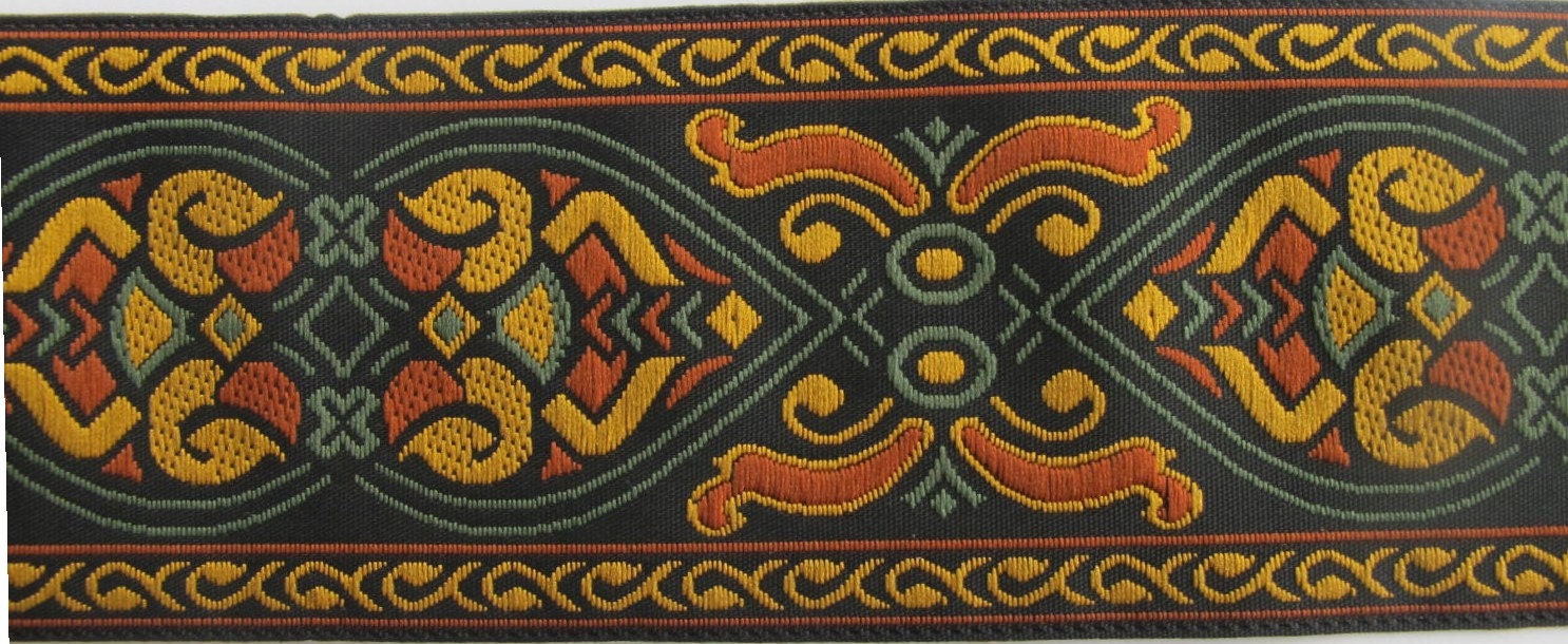 3 yards SANDOVAL Jacquard trim in mustard, rust, green, black. 1 3/4 inch wide. 708-A