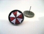 Resident Evil Umbrella Corporation Studs - Red and white umbrella corp logo post earrings - LARGE 14mm - Geek Chic Gamer