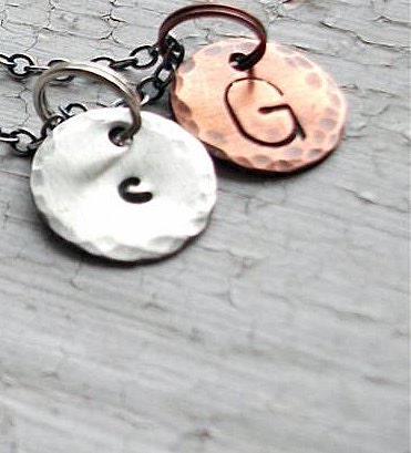 Two round circle discs, COPPER AND STERLING personalized stamped initals charm, teamepe