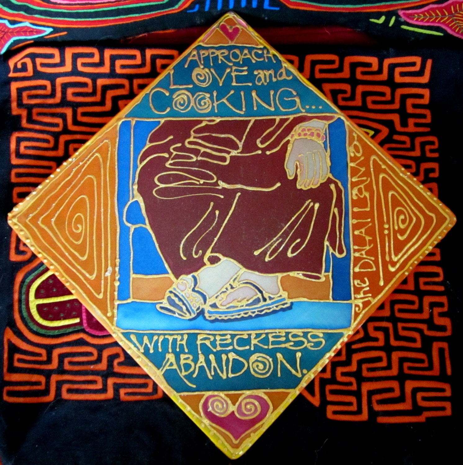 The Dalai Lama on Love & Cooking Painted Silk Wall Hanging