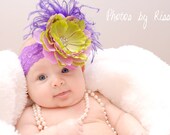 boutique LIME GREEN and PURPLE hair bow completed on a lace headband with ostrich puff