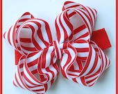 boutique double layered BIG RED and white STRIPES hair bow on a headband