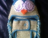 READY to SHIP Crocheted sleepy owl hat and diaper cover set in blue and green perfect for baby or photo prop
