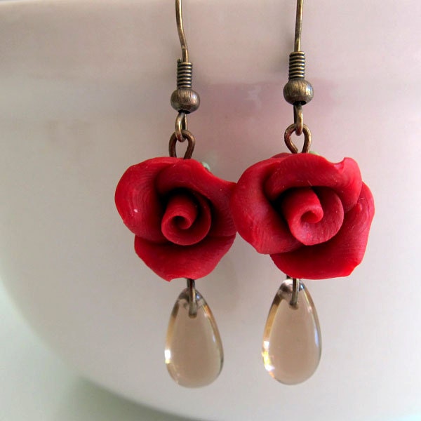 Maroon Rose Dangle Earrings - Polymer Clay