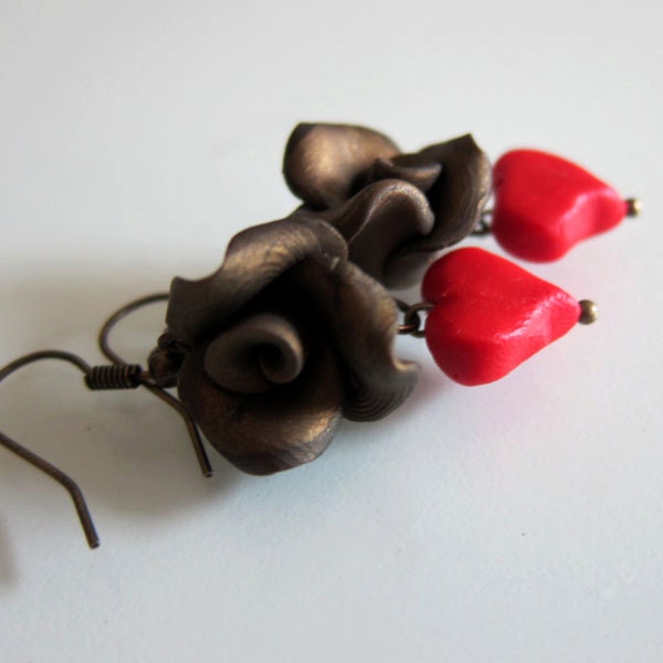 Bronze Rose Heart Earrings - Polymer Clay