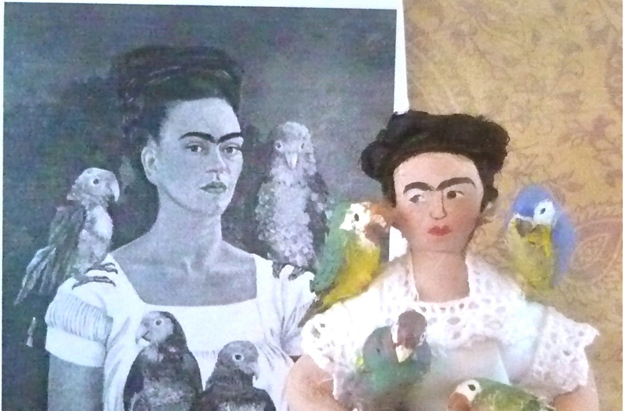 Frida Kahlo Doll Miniature With Pet Parrots Art Collectible