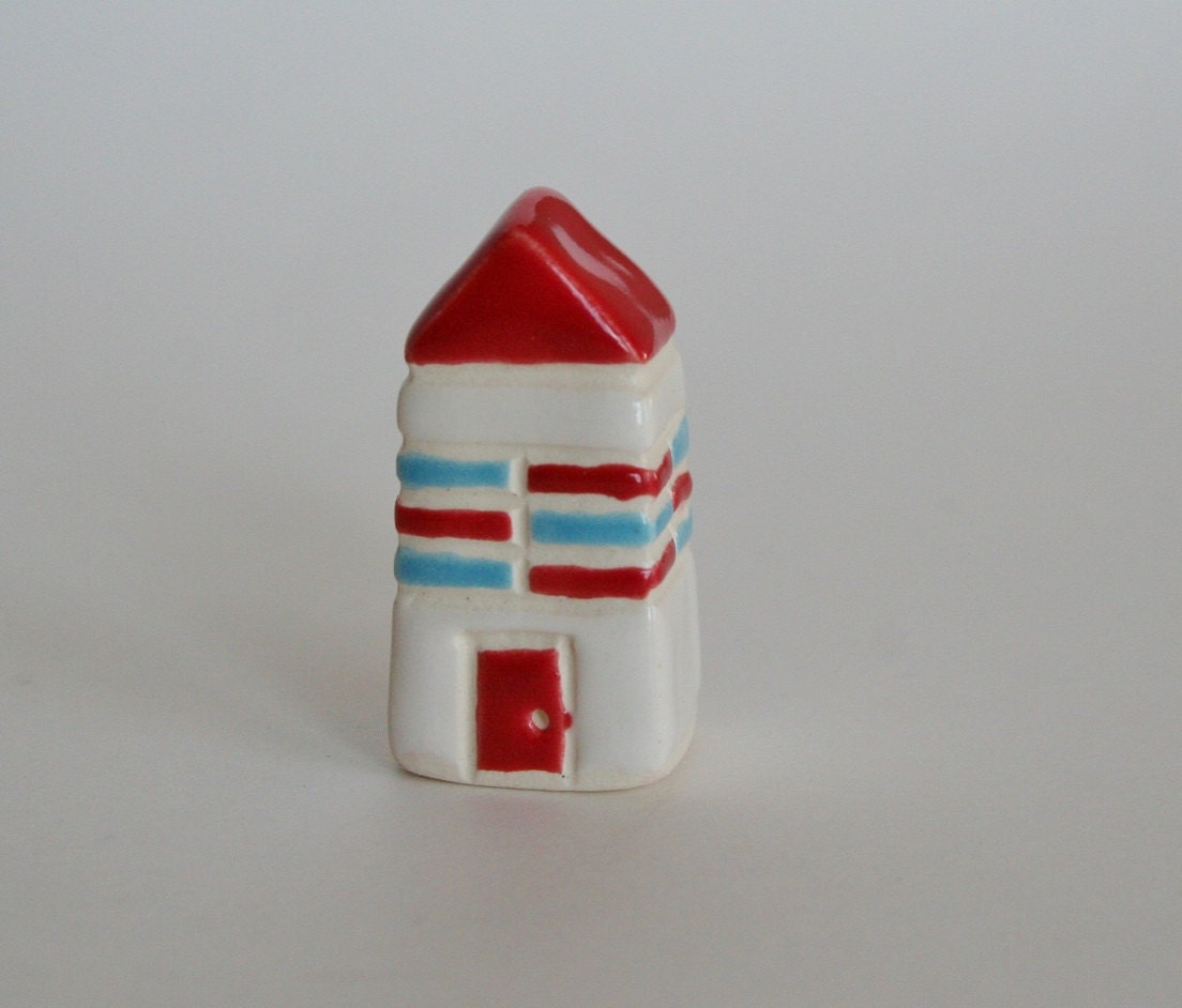 little clay house red aqua blue white striped miniature ceramic pottery home summer cottage