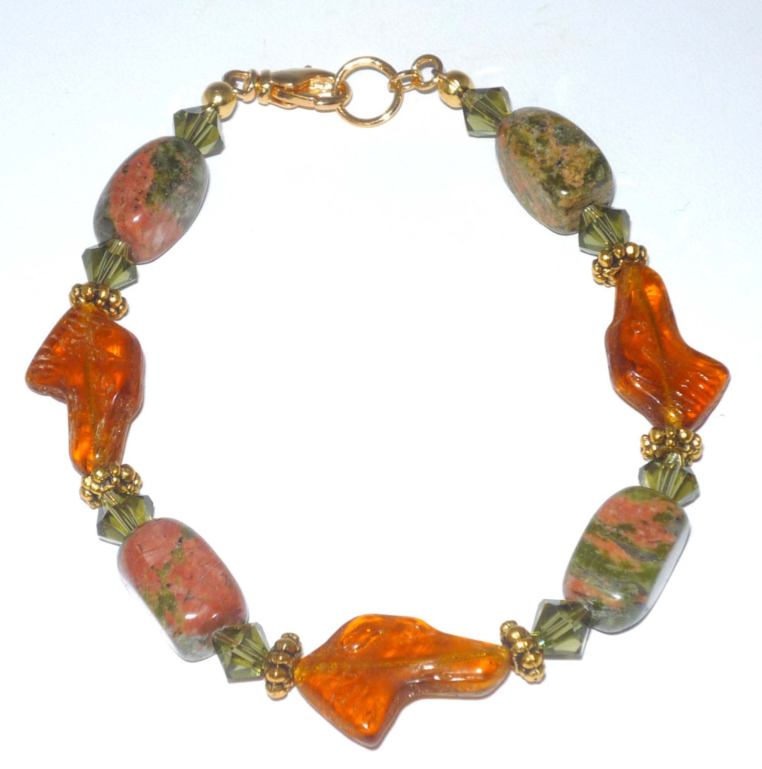 Designer Beaded Bracelet w Czech Glass Greyhound Head Beads, Amber, Unakite, Swarovski