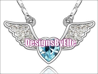 Sparkled Angel Wings and Heart Necklace with Blue Swarovski Crystal Heart