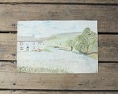 Vintage Landscape Watercolor Painting / Original Art, Farmhouse, Fields, Country