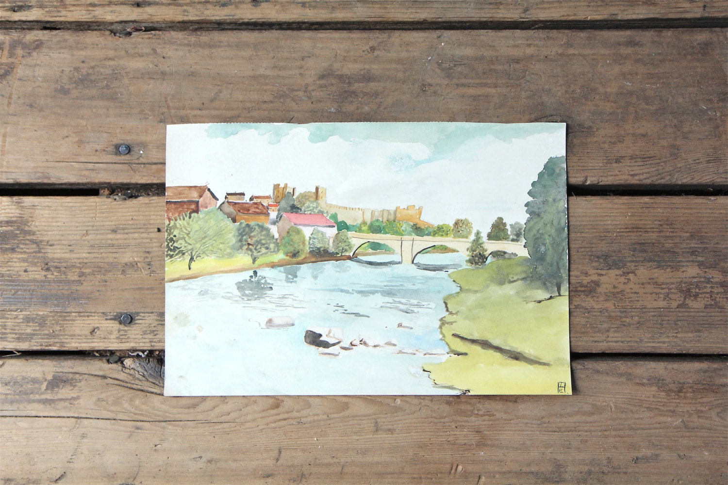 Vintage Landscape Watercolor Painting / Original Art, Village, Castle, River, Bridge