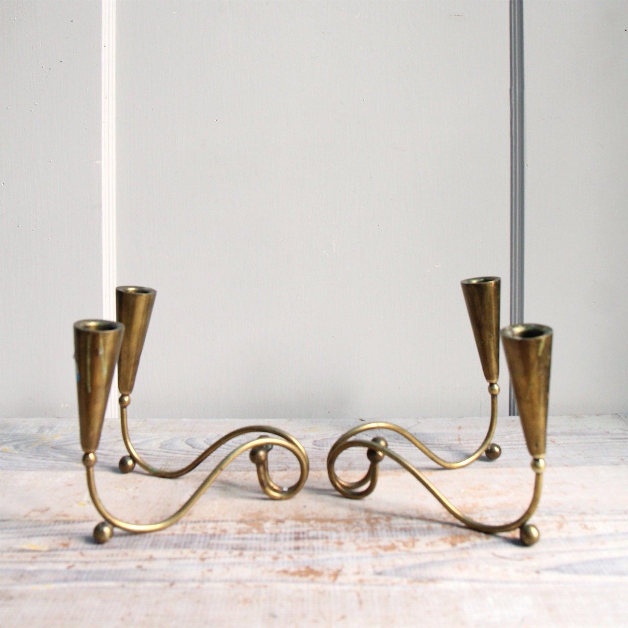 Set of Vintage Brass Wishbone Candlesticks / Mid Century Modern Candleholders