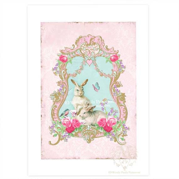 Bunny Rabbit, Collage Art Print, White Rabbit, Giclee, Pink Roses, Pink Damask, Nursery Art, Teacup, Easter