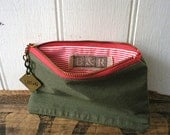 Military canvas, orange stripe utility pouch - eco vintage fabrics