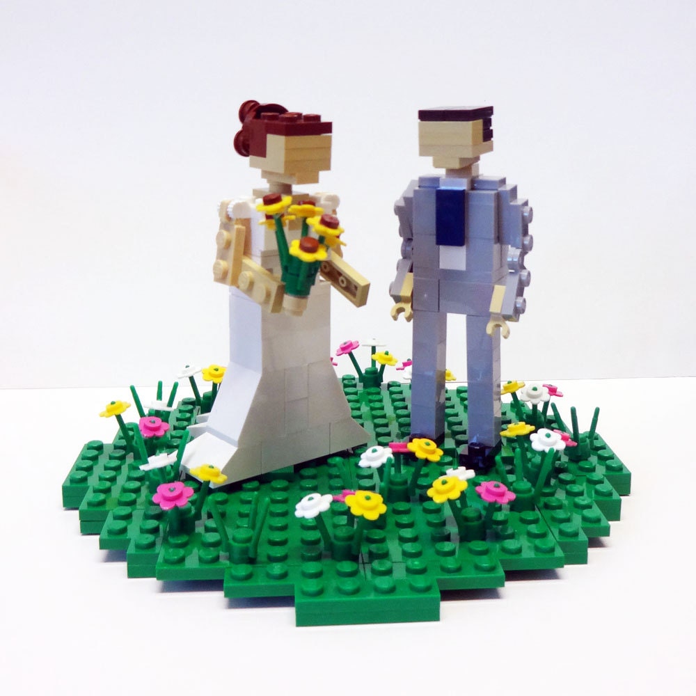 Custom Bride and Groom in Flower Patch Wedding Cake Topper