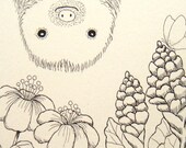 Print of Original Ink Drawing Cute Sloth Animal Illustration Black & White Ivory 4x6 Home Wall Decor