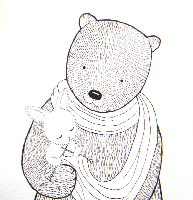 Print of Ink Drawing Love Illustration Woodland Bear Knitting Bunny Black & White 5x7 Wall Decor