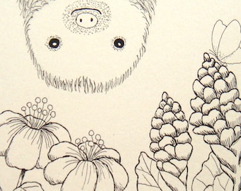 Print of Original Ink Drawing Cute Sloth Animal Illustration Black & White Ivory 4x6 Home Wall Decor