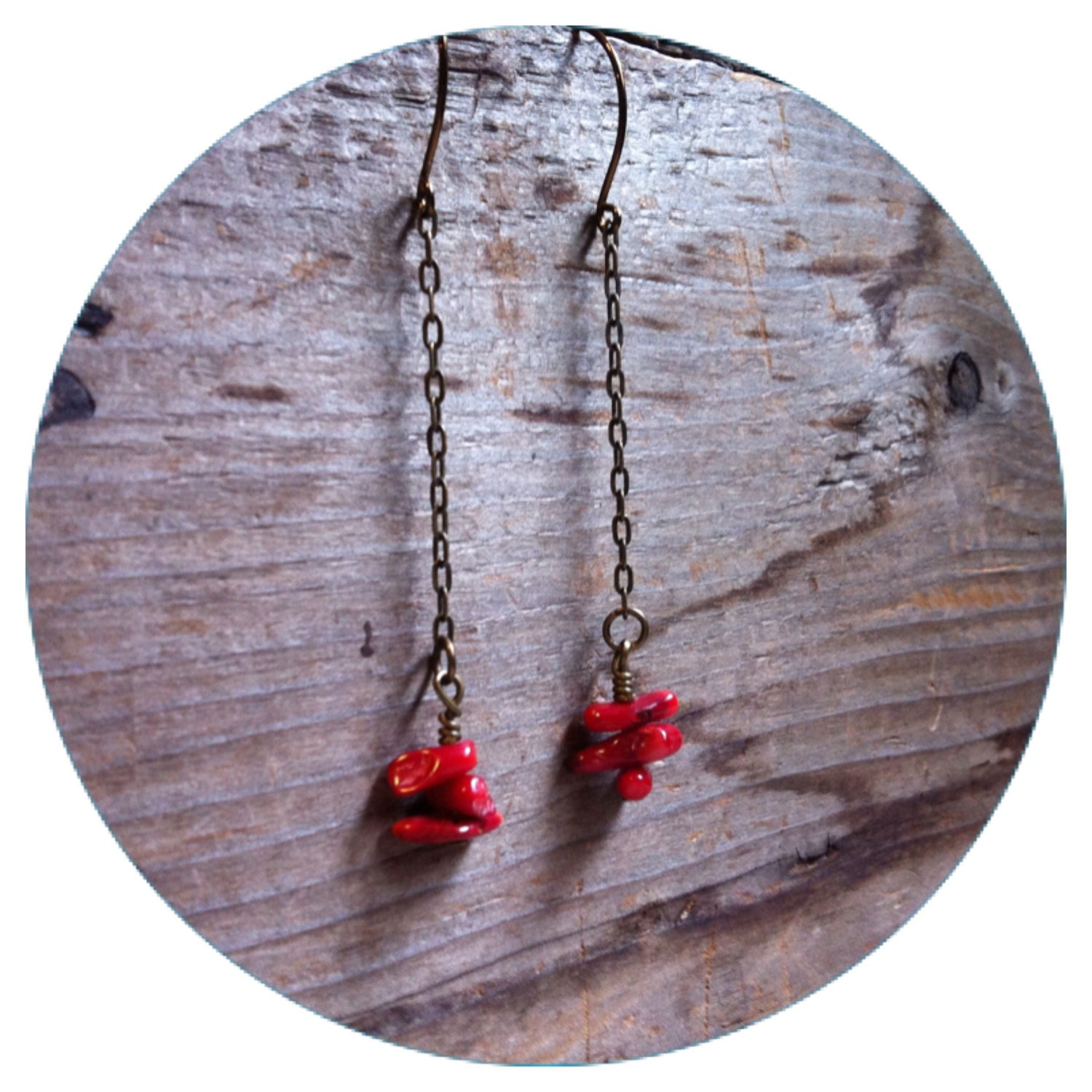 coral drop earrings on antique brass chain